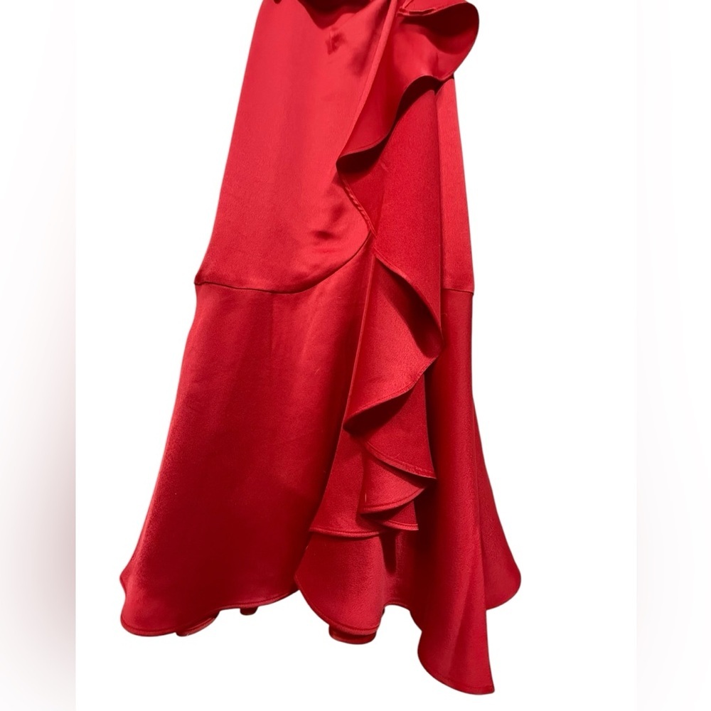 Women's V neck Ruffle Front Red Satin Crepe belted Gown 
Size 8 - Picture 8 of 11
